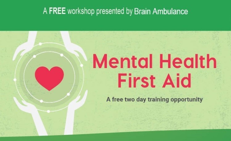 Green background with red test Mental Health First Aid with two white circles and a red heart in the centre and two pairs of hands surrounding the circles